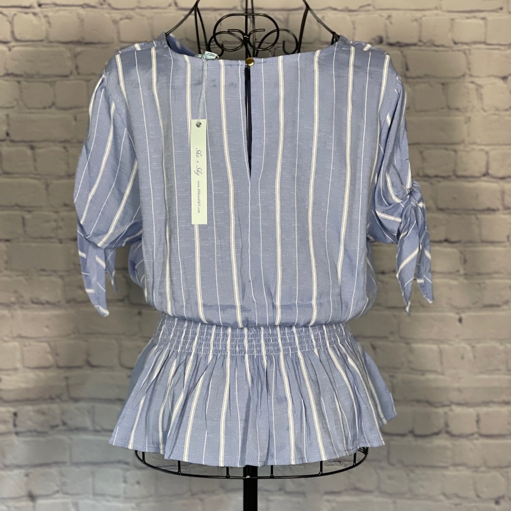 She + Sky Blue and White Striped Cold Shoulder Blouse - Picture 7 of 8